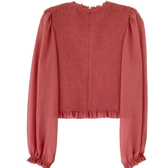 NWT WILFRED Top XL Red-Pink Chiffon Ruffle Smocked Puff-Sheer-Ballon-Long-Sleeve - Picture 3 of 13